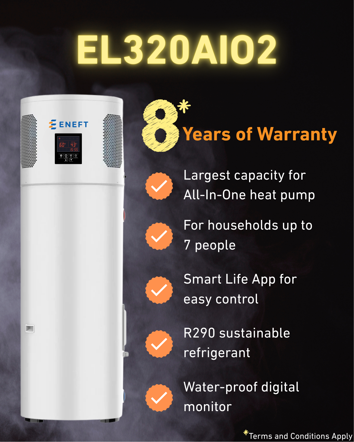 ENEFT heat pumps offer up to 8 years of warranty promotion poster